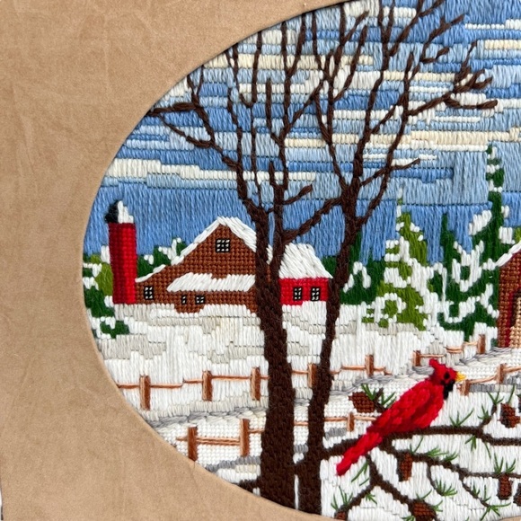 Handmade Framed Crewel Covered Bridge Cardinal Winter Scene - Picture 4 of 14